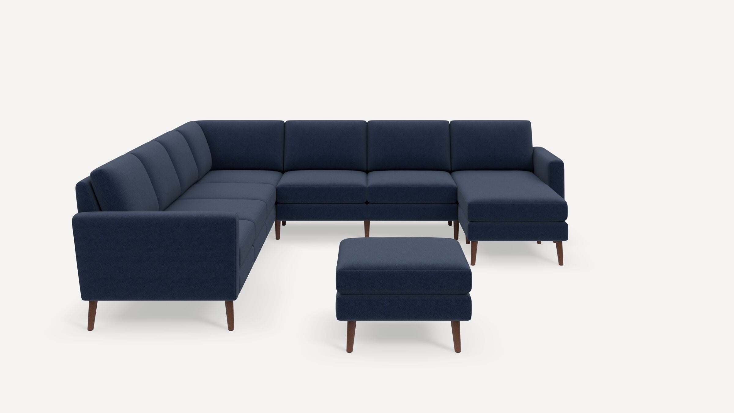 Nomad 7-Seat Corner Sectional with Chaise and Ottoman - Navy Blue - Performance Flatweave / Walnut - Wood / Block - Image 0