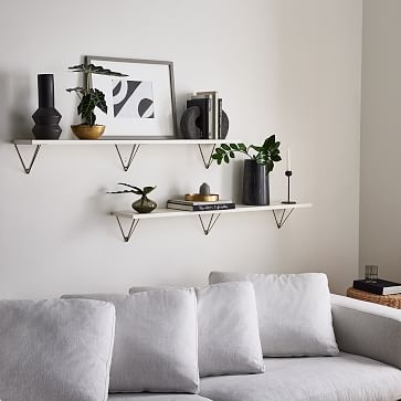 Linear White Lacquer Shelf 2FT, Prism Brackets in Antique Brass - Image 2