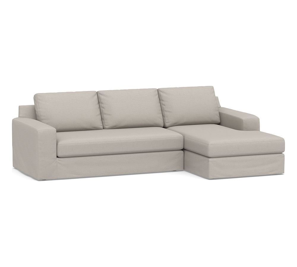 Big Sur Square Arm Slipcovered Left Arm Loveseat with Chaise Sectional and Bench Cushion, Down Blend Wrapped Cushions, Chunky Basketweave Stone - Image 0