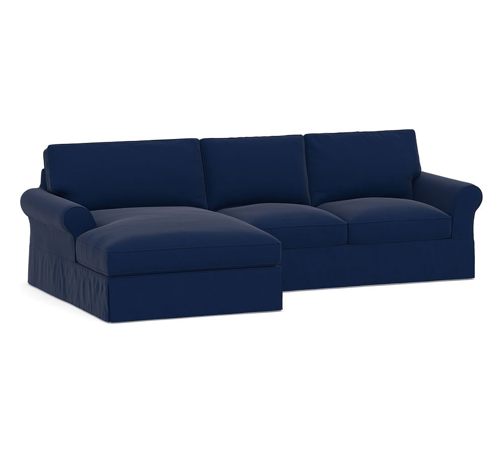 PB Comfort Roll Arm Slipcovered Right Arm Loveseat with Double Chaise Sectional, Box Edge Down Blend Wrapped Cushions, Performance Everydayvelvet(TM) Navy - Image 0