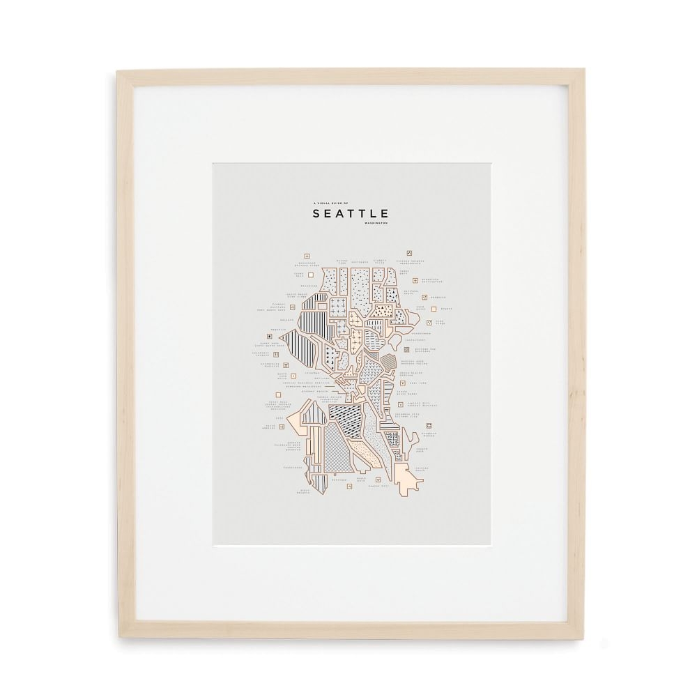 Seattle Letterpressed Map Print, Natural Frame, 16"x20" - Image 0