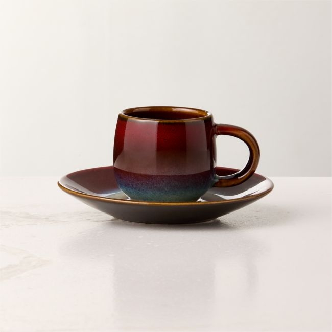 Mori Burgundy and Blue Espresso Cup and Saucer with Reactive Glaze 3oz - Image 0