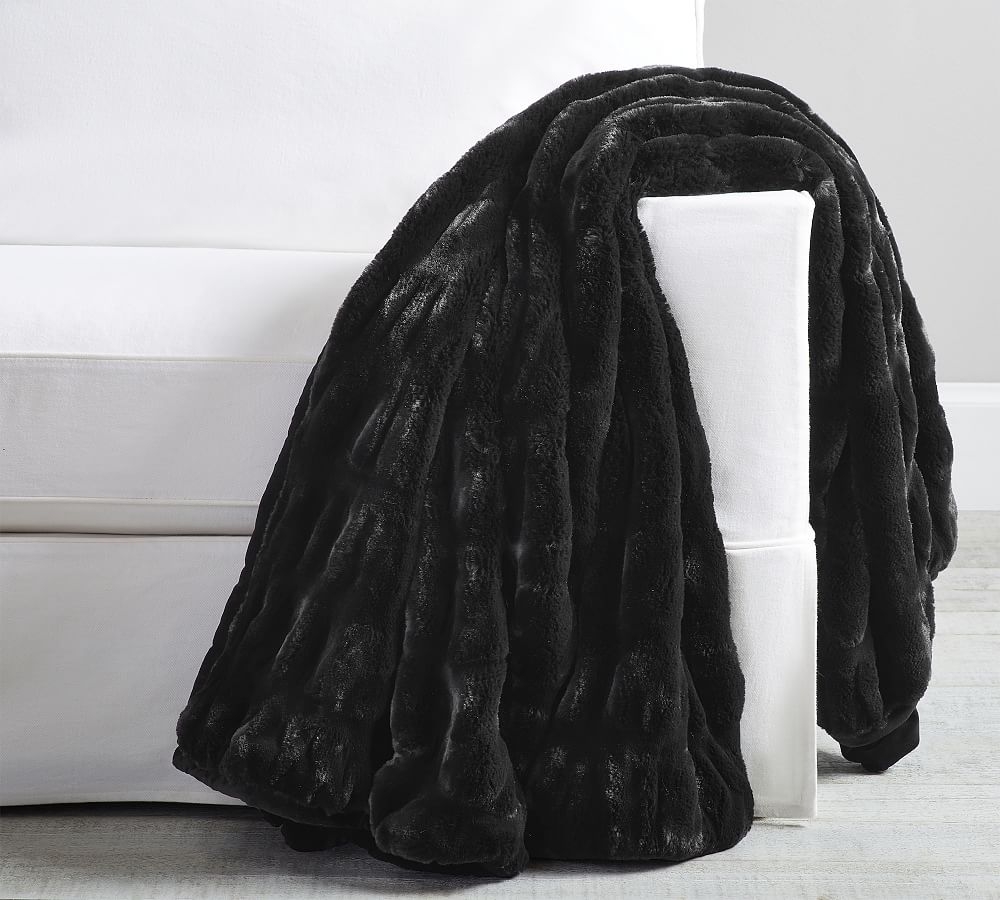 Faux Fur Ruched Throw, 60 x 80", Black - Image 0