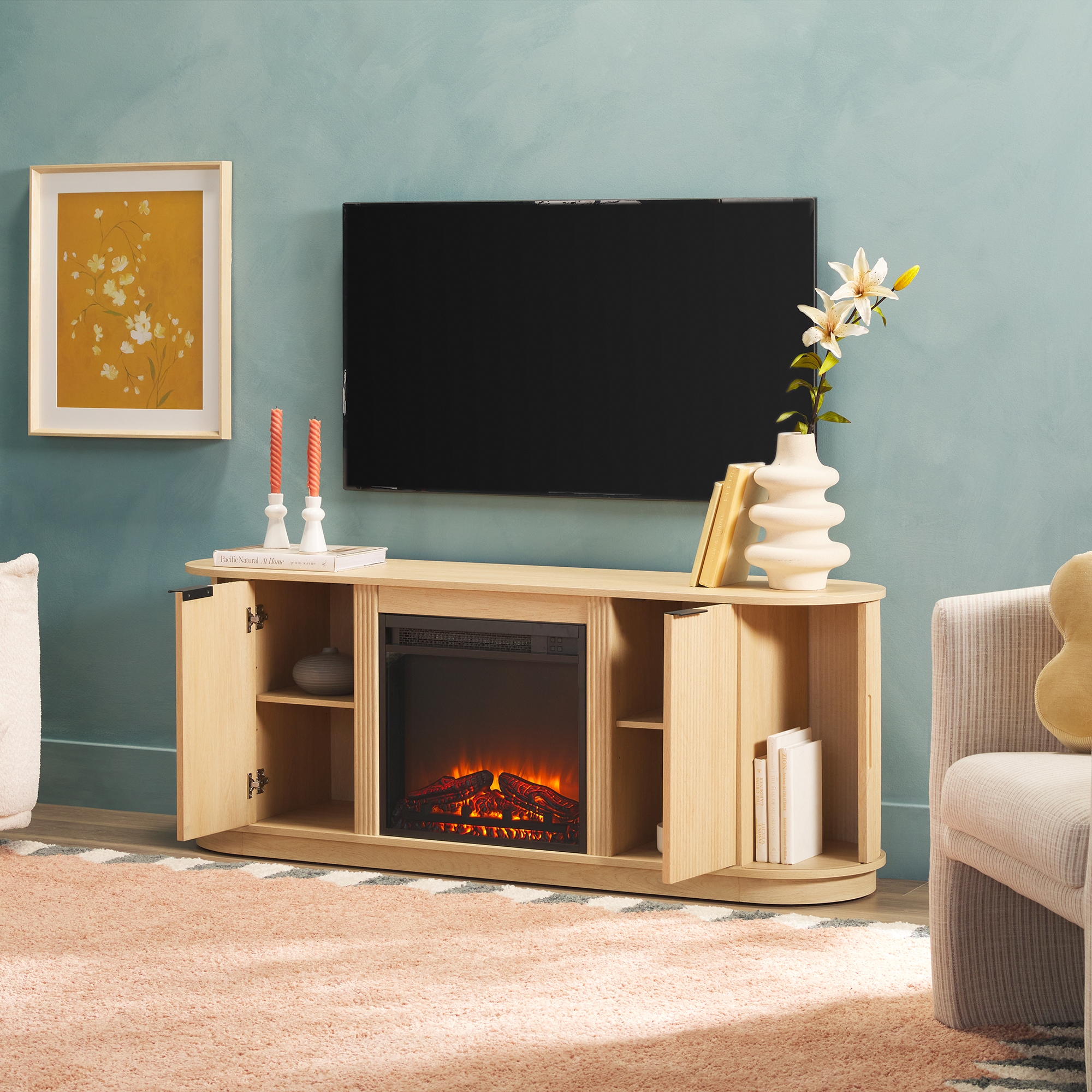 Modern Reeded 60” Fireplace TV Stand - Coastal Oak - Image 6