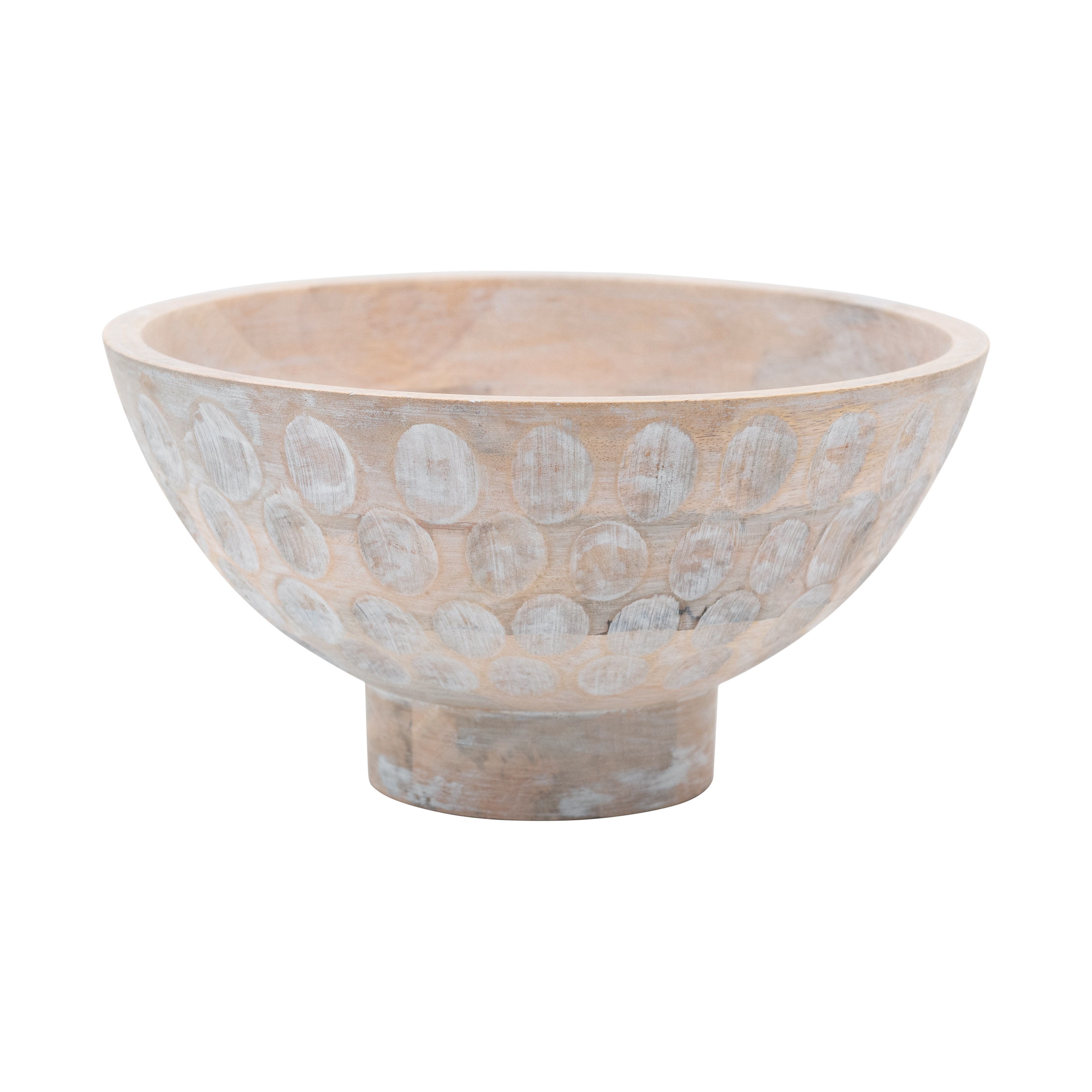 Mango Wood Footed Bowl with Carved Circle Accents and Whitewashed Finish - Image 0