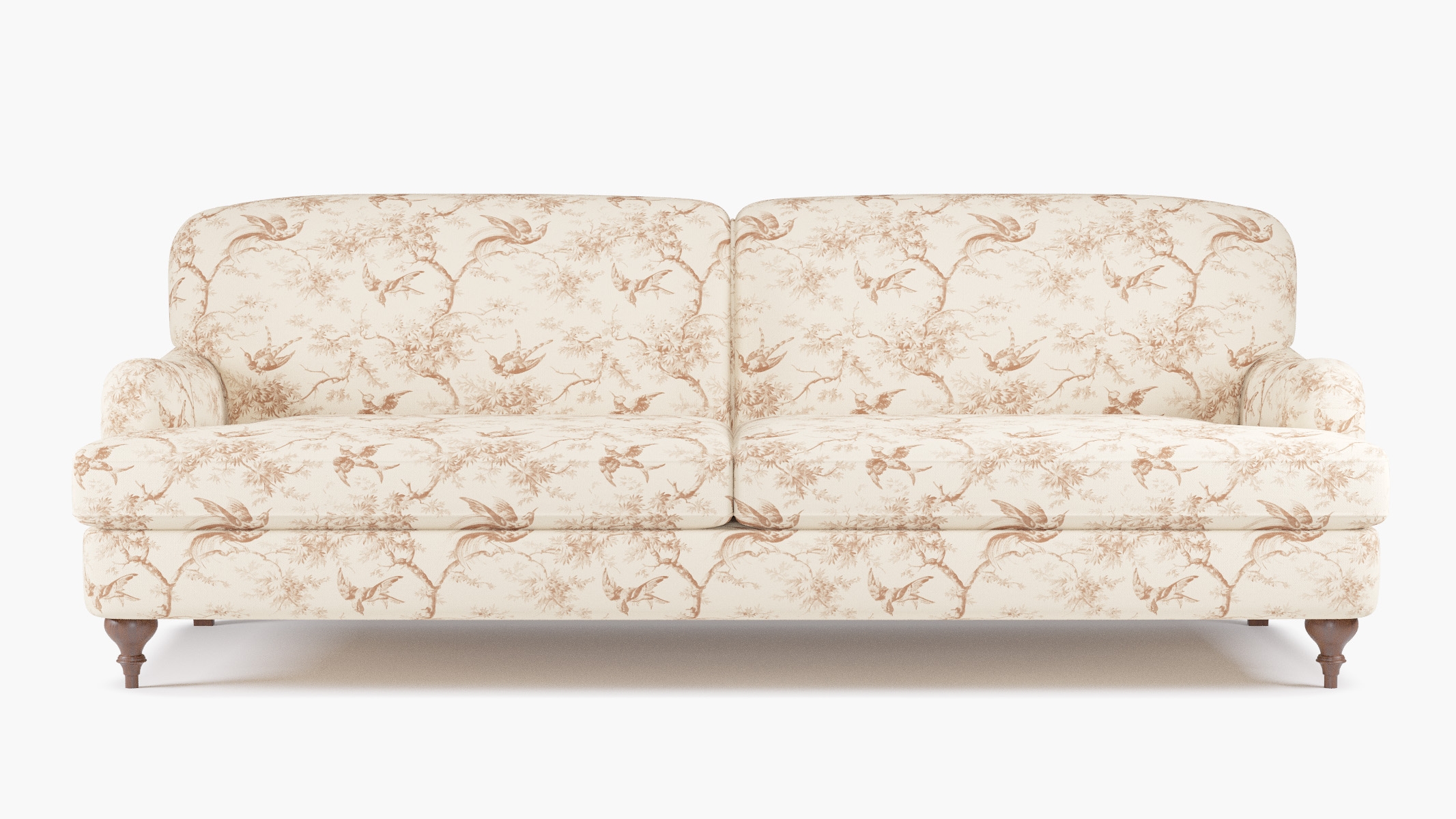 English Roll Arm Sofa, Terracotta Swallows, Walnut Turned Wood Leg - Image 0