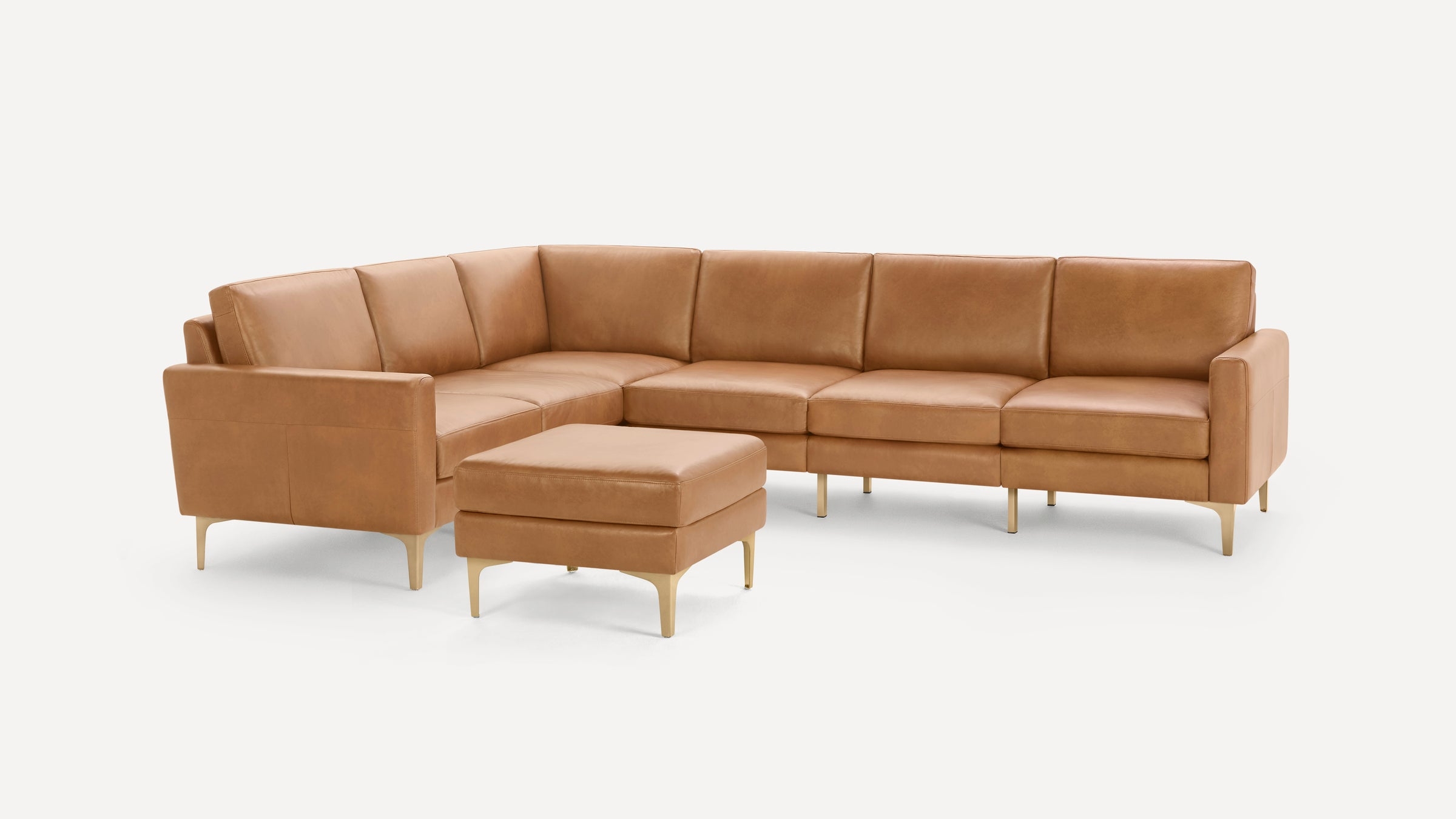 Nomad Leather 6-Seat Corner Sectional with Ottoman - Camel - Top Grain Leather / Brass - Metal / Block - Image 0