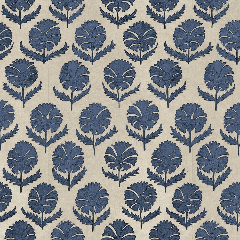Indigo Daisy Suzani Fabric by St. Frank | Printed Width: 54" W Pattern Size: 27" W x 49" V Fabric Direction: Up The Roll, Vertical Sold by the yard in continuous rolls Dye lots may vary. As a result, there may be slight color variations between your swatc - Image 1