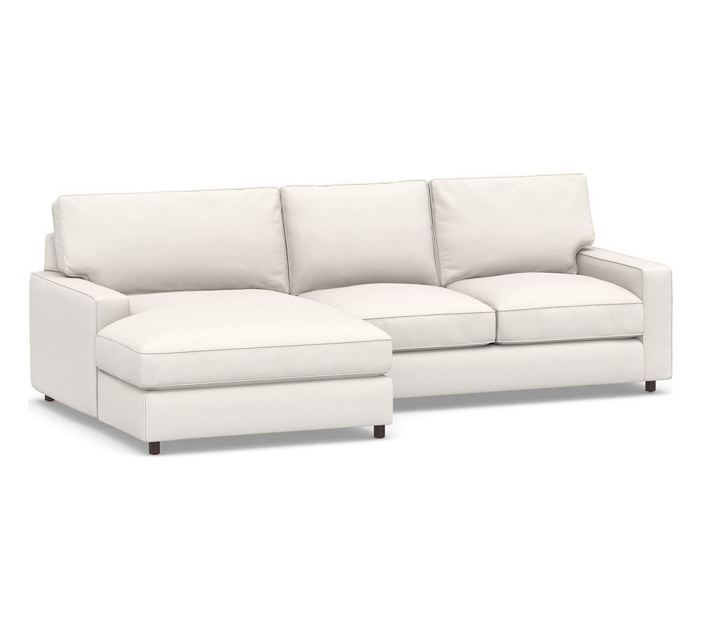 PB Comfort Square Arm Upholstered Right Arm Loveseat with Wide Chaise Sectional, Box Edge, Down Blend Wrapped Cushions, Performance Everydaylinen(TM) Ivory - Image 0