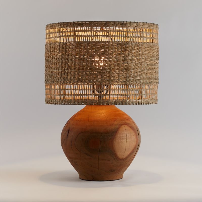 Wood Table Lamp with Woven Shade - Image 1