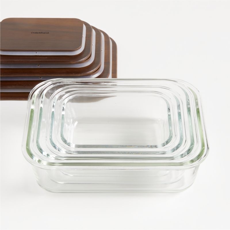Crate & Barrel 8-Piece Rectangular Glass Food Storage Container Set with Dark Acacia Wood Lids - Image 1