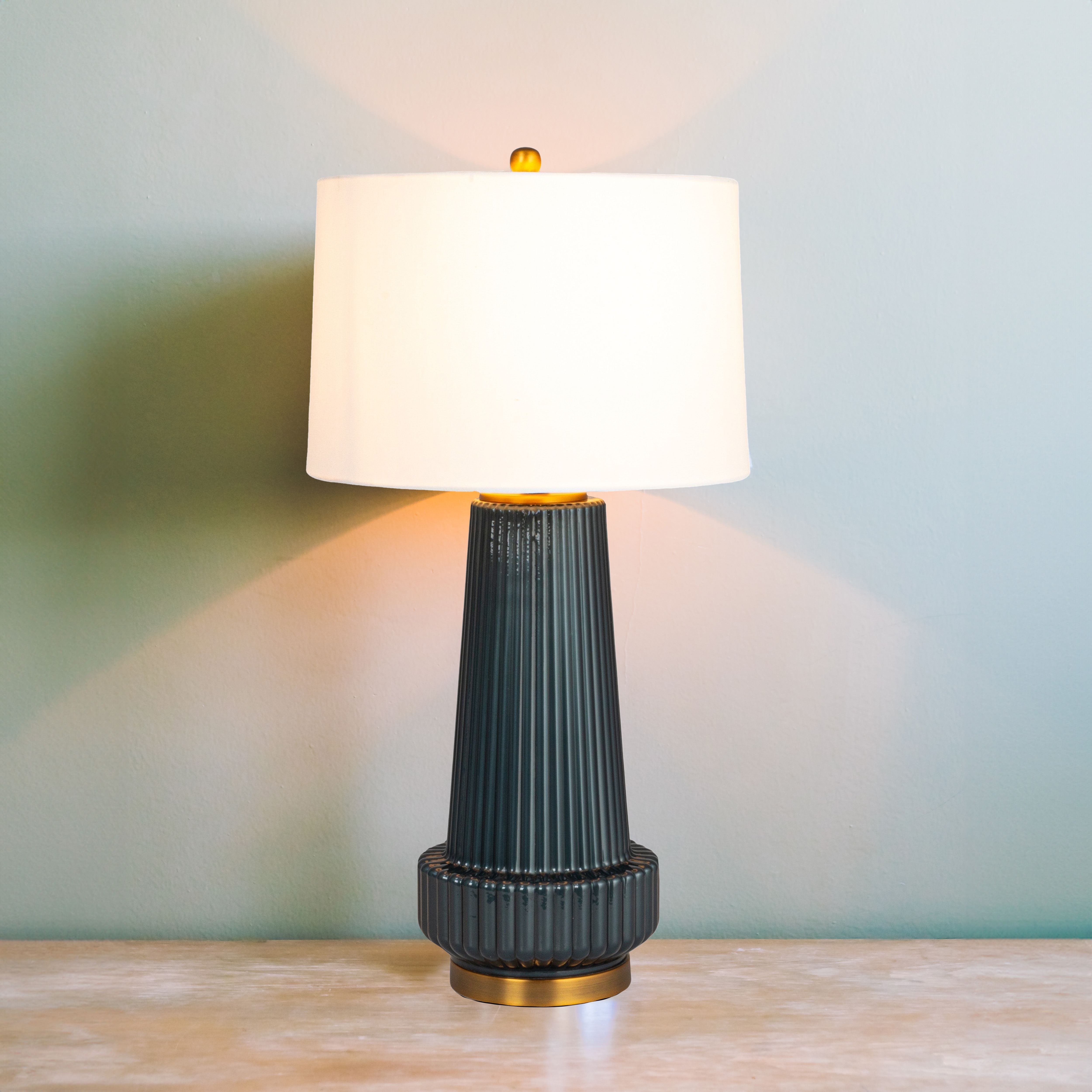 Ribbed Glass Table Lamp with Tapered Drum Shade, Deep Blue - Image 0