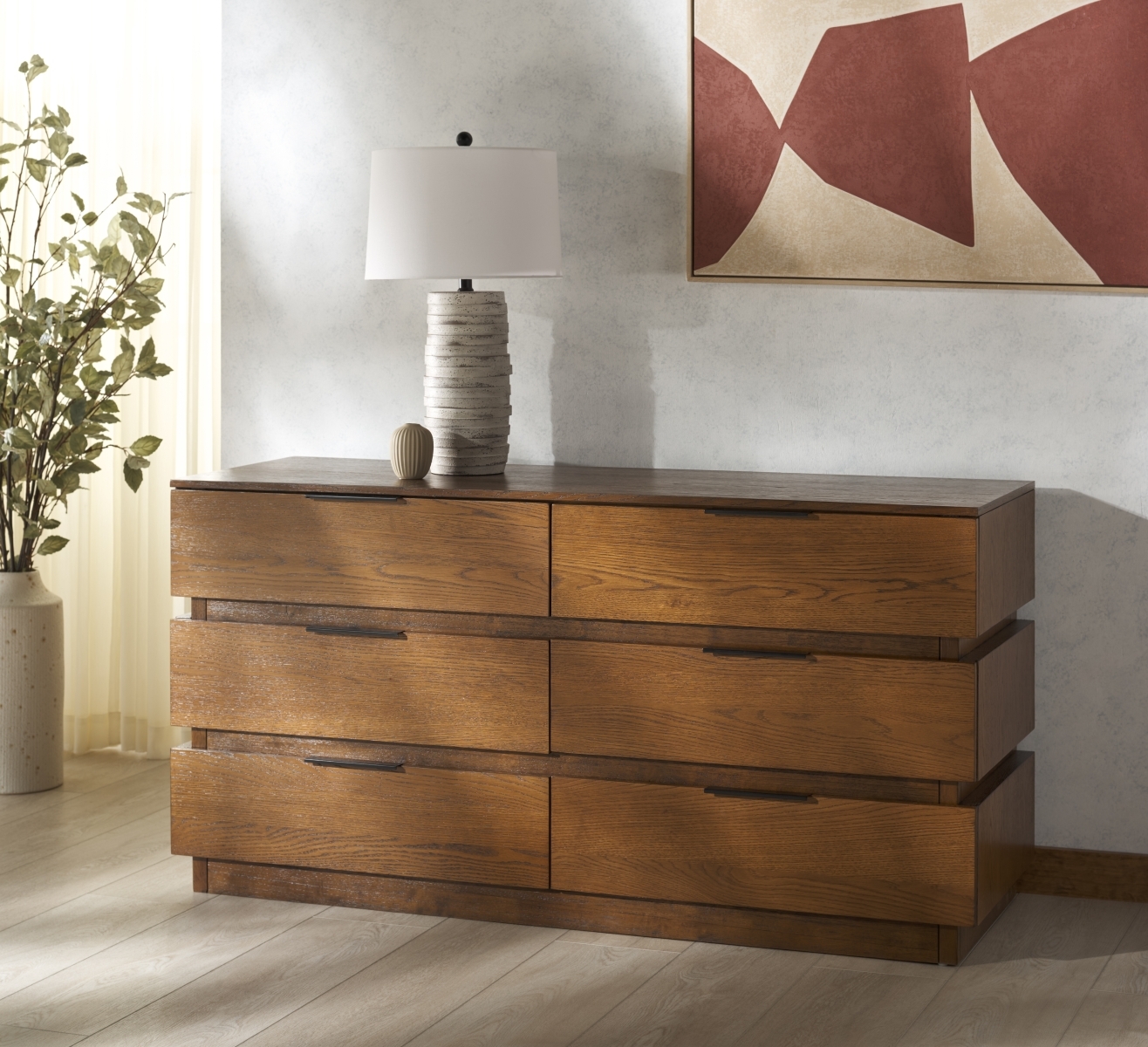 Titus 6 Drawer Stacked Dresser - Medium Oak - Image 1