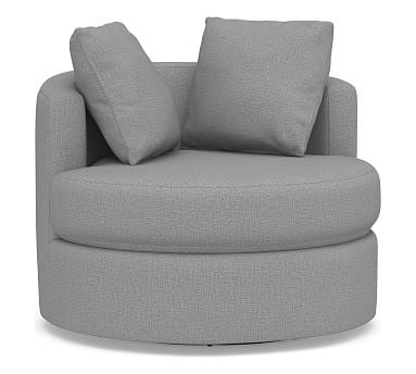 Balboa Upholstered Swivel Armchair, Standard Cushions, Performance Brushed Basketweave Chambray - Image 0