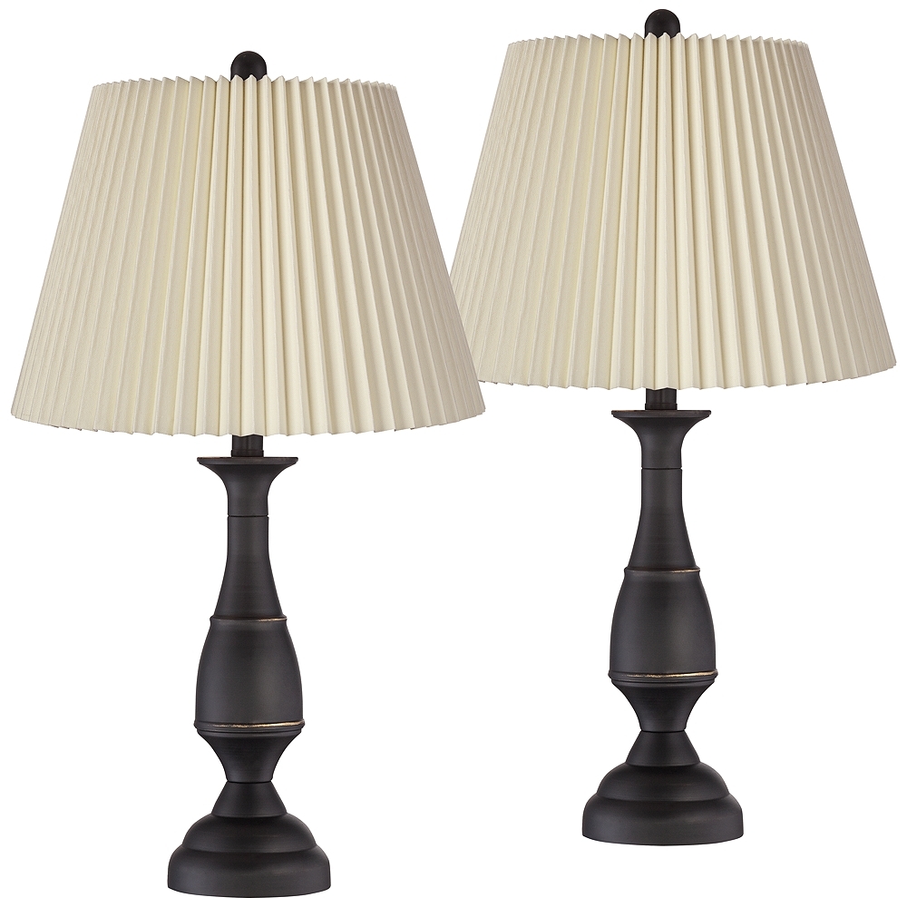 Ben Dark Bronze Metal Table Lamps with Ivory Linen Pleated Shades Set of 2 - Image 0