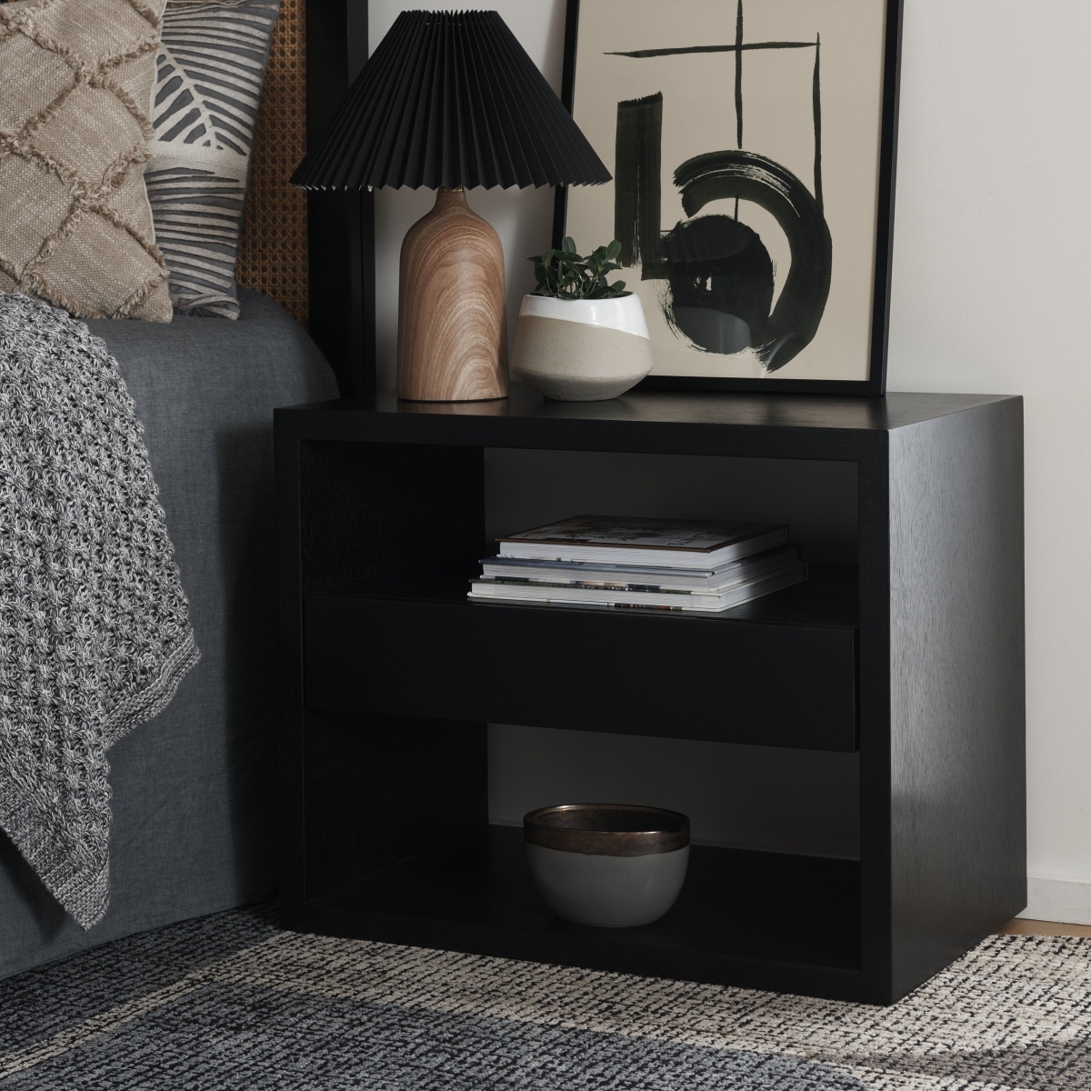Munson 2 Shelf 1 Drawer Nightstand - Black - Safavieh - Image 1
