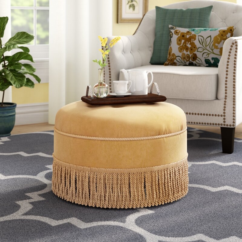 Opehlia 24" Wide Tufted Round Cocktail Ottoman, Gold Polyester - Image 2