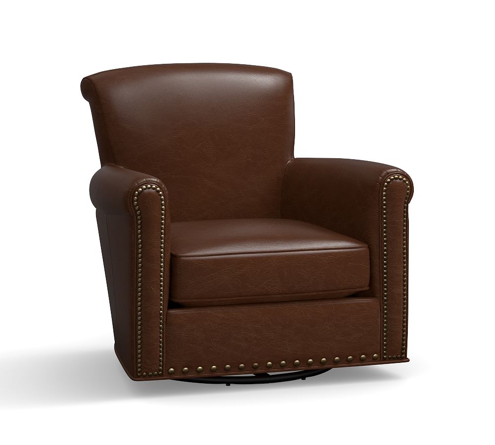 Irving Roll Arm Leather Swivel Glider with Bronze Nailheads, Polyester Wrapped Cushions, Nubuck Coffee - Image 0