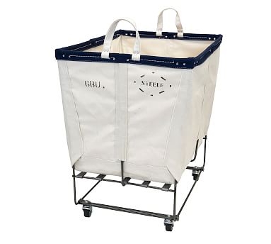 Elevated Canvas Laundry Basket with Wheels, Large, Natural/Navy - Image 0