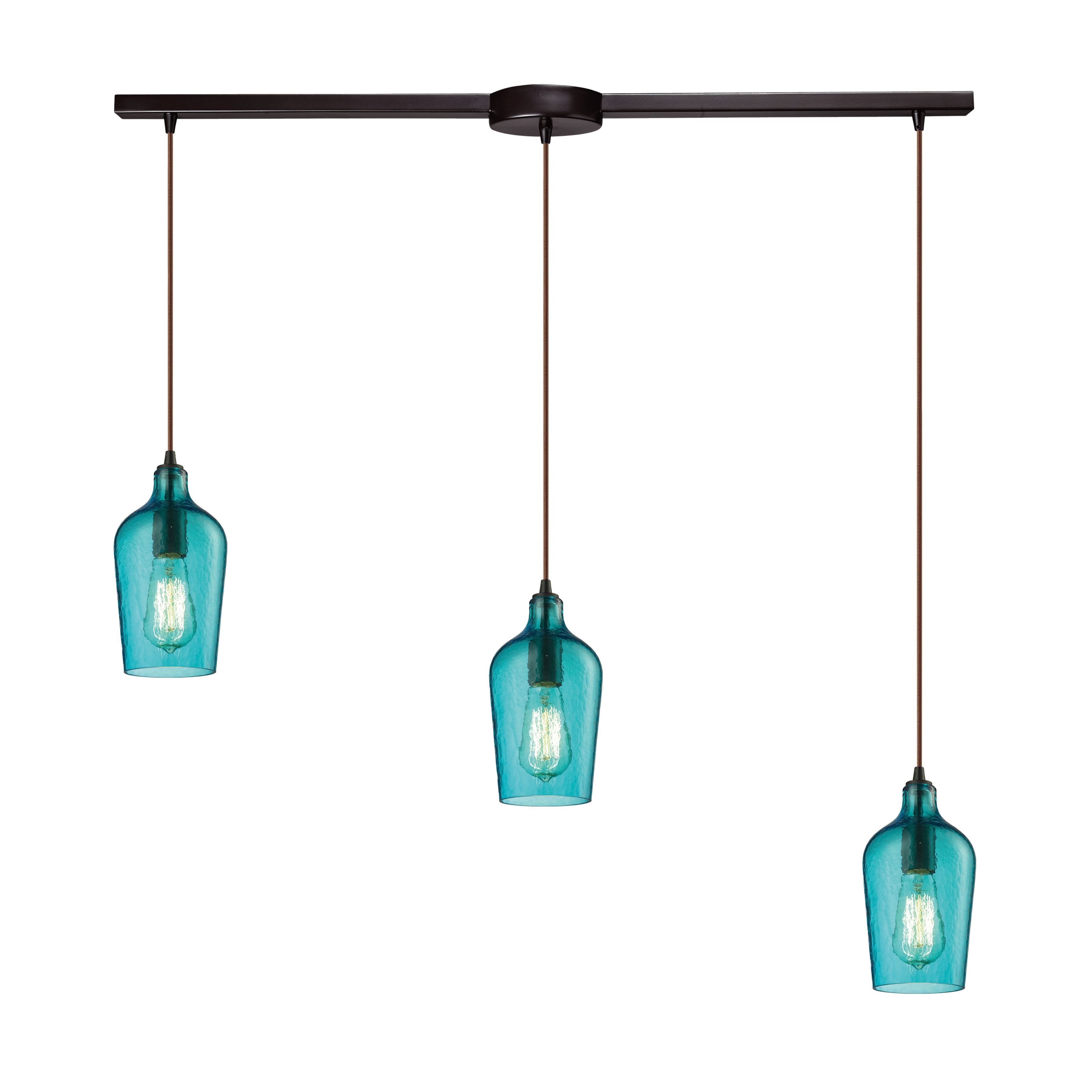 Hammered Glass 36'' Wide 3-Light Pendant - Oil Rubbed Bronze with Aqua - Image 0