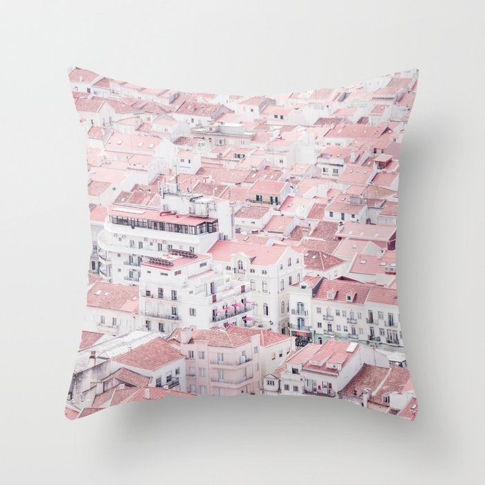 Rooftops - Aerial View - Pastel - Portugal Travel Photography Throw Pillow by Ingrid Beddoes Photography - Cover (16" x 16") With Pillow Insert - Outdoor Pillow - Image 0