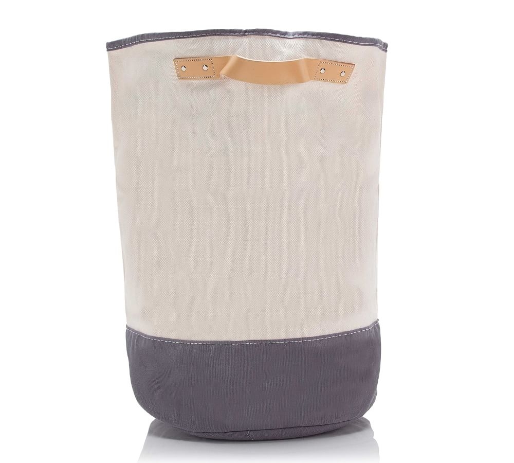 Laundry Hamper Storage Basket W/ Leather Handles, Canvas Gray - Image 0