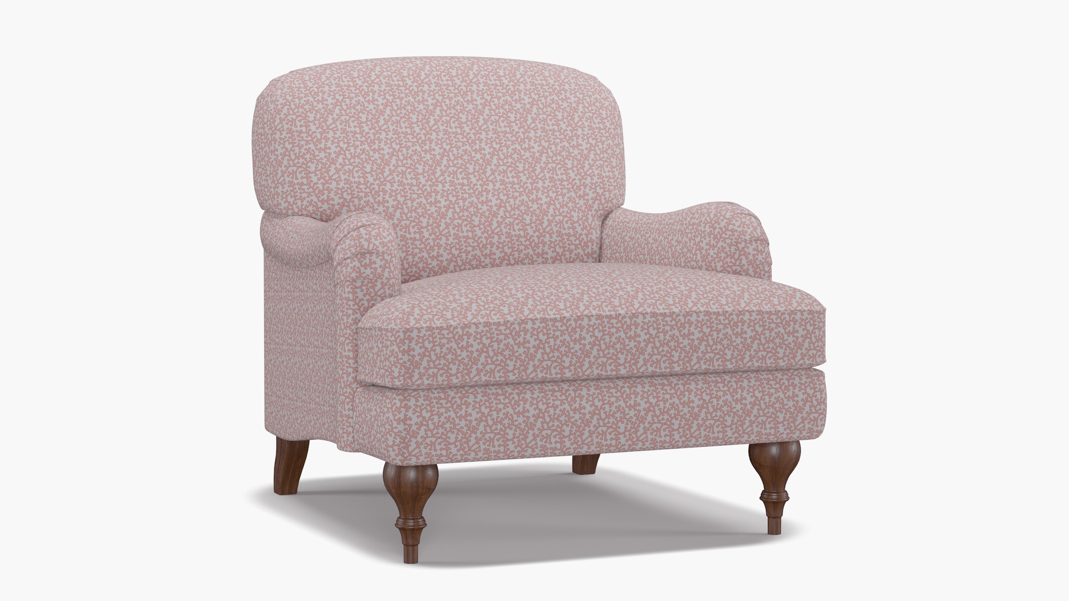 English Roll Arm Chair, Flamingo Hele Bay, Walnut Turned Wood Leg - Image 1