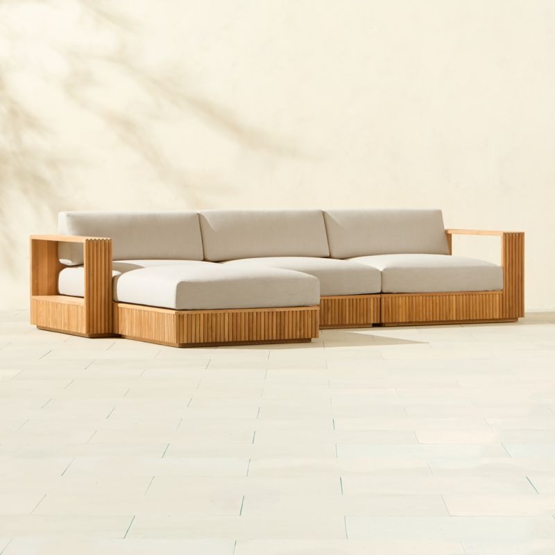 Topia 4-Piece Teak Outdoor Sectional Sofa and Ottoman with White Sunbrella® Cushions - Image 2