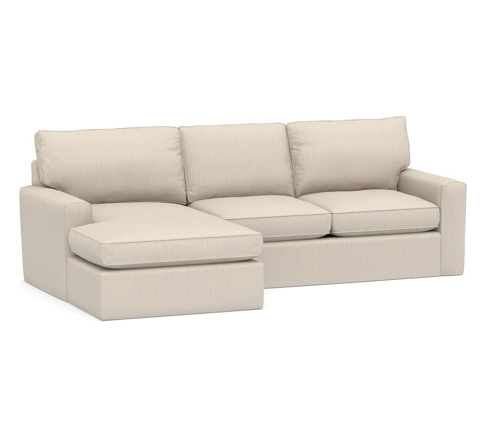 Pearce Square Arm Slipcovered Right Arm Loveseat with Wide Chaise Sectional, Down Blend Wrapped Cushions, Sunbrella(R) PRF Herringbone Oatmeal - Image 0