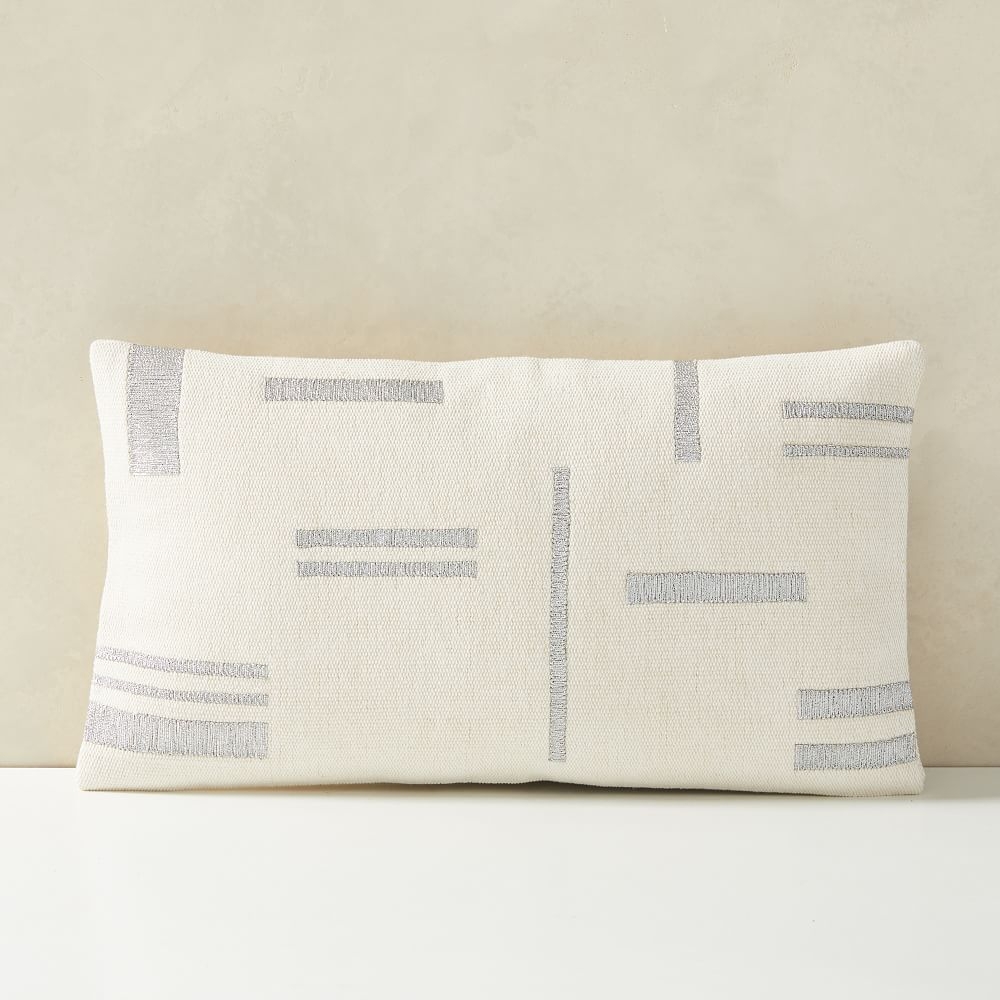 Embroidered Metallic Blocks Pillow Cover, 12"x21", White - Image 0