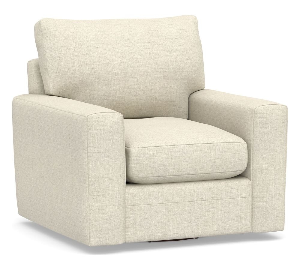 Pearce Modern Square Arm Upholstered Swivel Armchair, Down Blend Wrapped Cushions, Basketweave Slub Oatmeal - Image 0