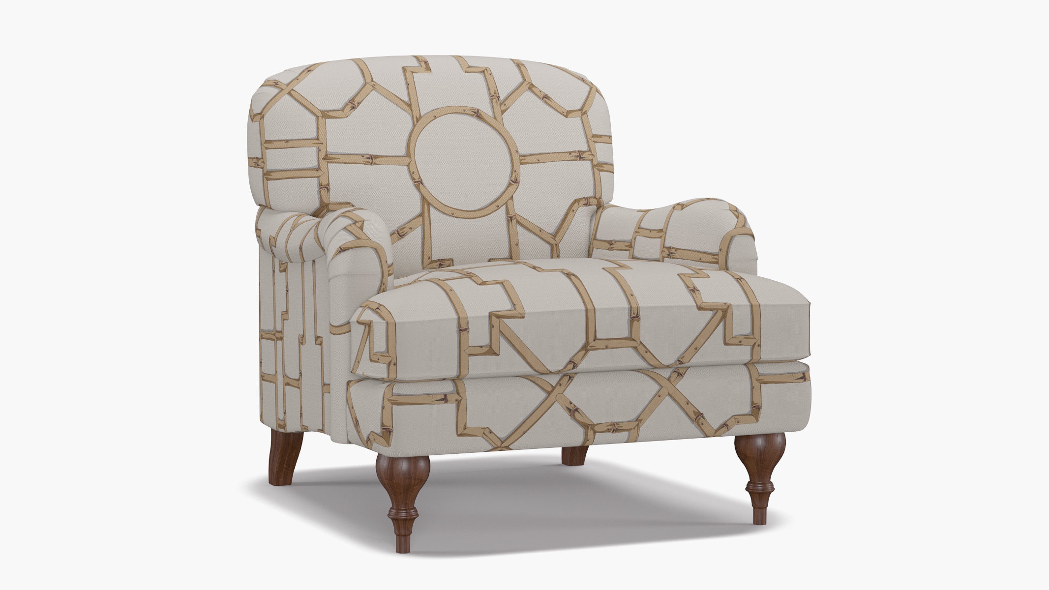 English Roll Arm Chair, Tan Baldwin Bamboo, Walnut Turned Wood Leg - Image 1