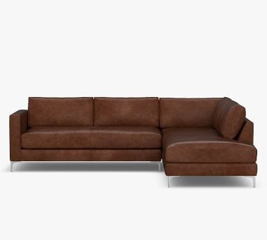 Jake Leather Left Sofa Return Bumper Sectional with Bronze Legs, Down Blend Wrapped Cushions, Burnished Walnut - Image 1
