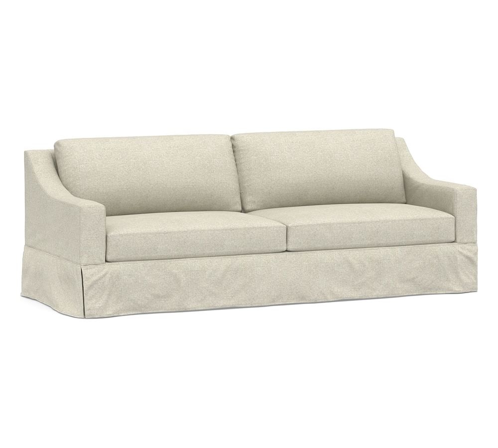 York Slope Arm Slipcovered Grand Sofa 95" 2x2, Down Blend Wrapped Cushions, Performance Heathered Basketweave Alabaster White - Image 0