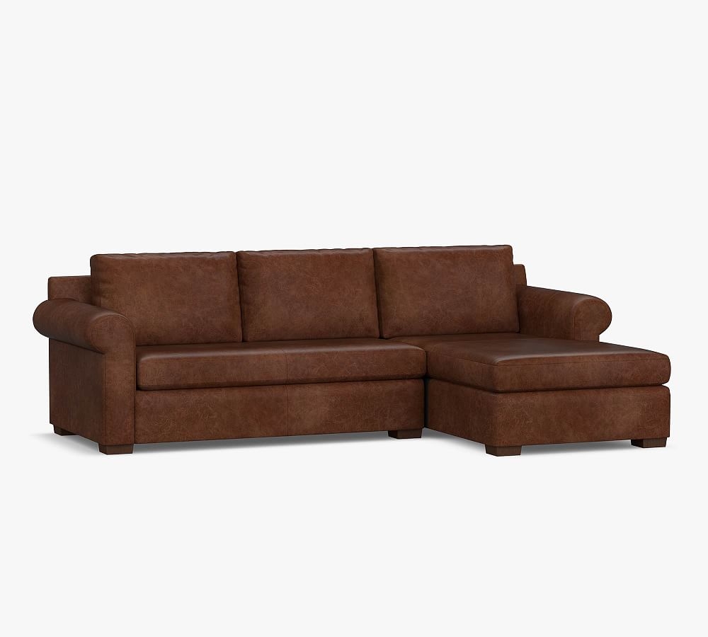 Shasta Roll Arm Leather Right Arm Loveseat with Chaise Sectional, Polyester Wrapped Cushions, Nubuck Caramel - Image 0