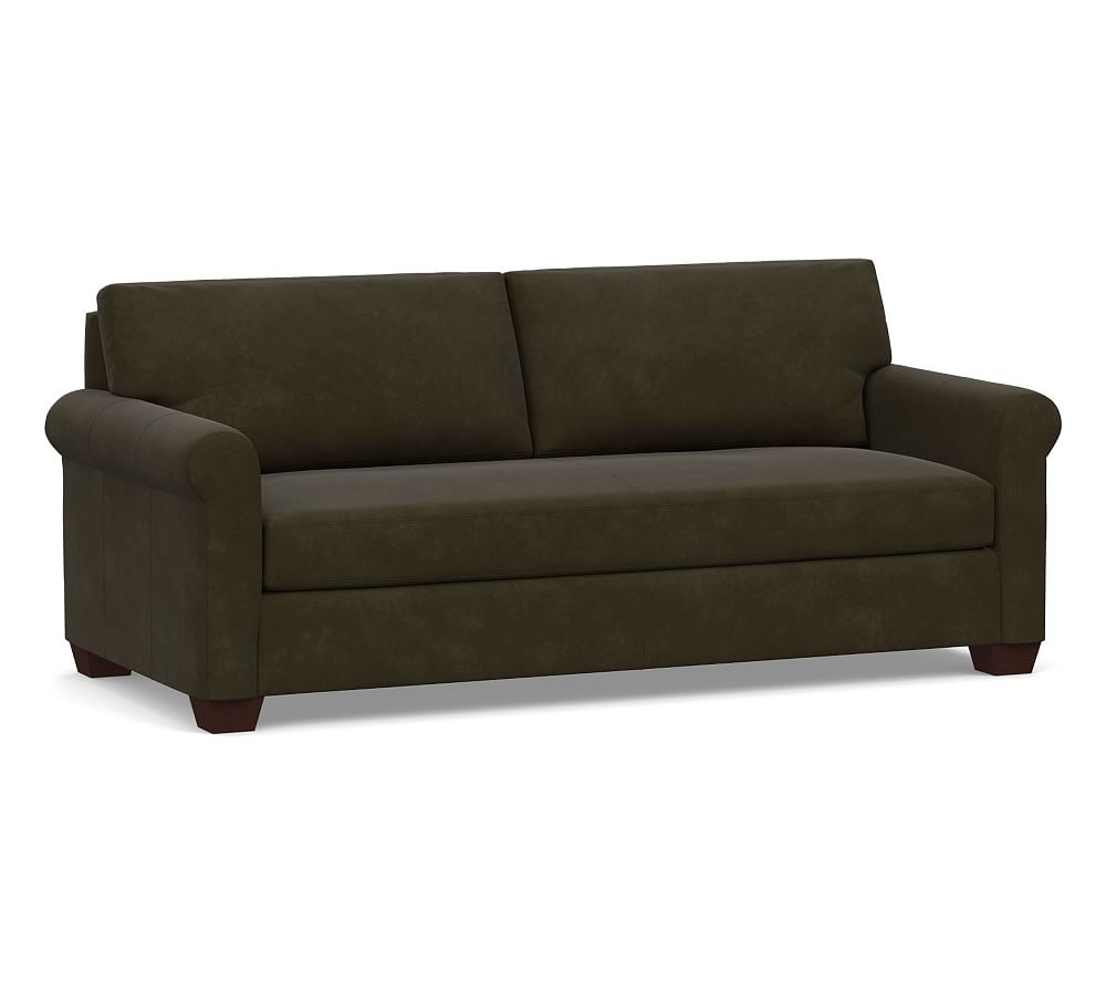 York Roll Arm Leather Sofa 83" with Bench Cushion, Polyester Wrapped Cushions, Aviator Blackwood - Image 0