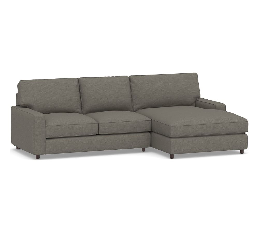PB Comfort Square Arm Upholstered Left Arm Loveseat with Double Chaise Sectional, Box Edge Down Blend Wrapped Cushions, Chunky Basketweave Metal - Image 0