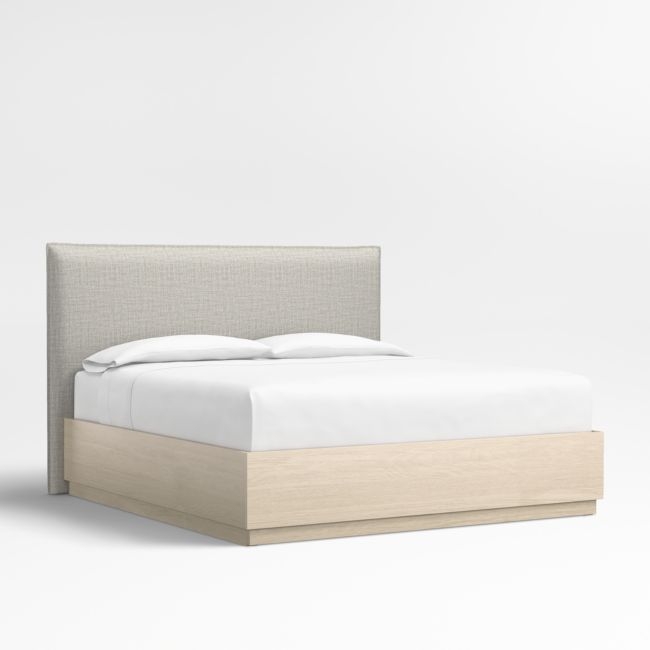 Arvada 54" Mist Grey Upholstered King Headboard with Batten White Oak Storage Bed Base - Image 0