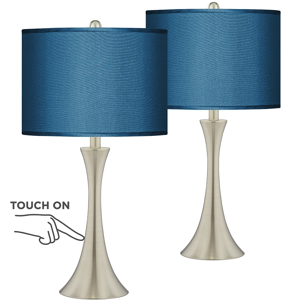 Possini Euro Blue Faux Silk Brushed Nickel Touch Table Lamps Set of 2 - Image 0
