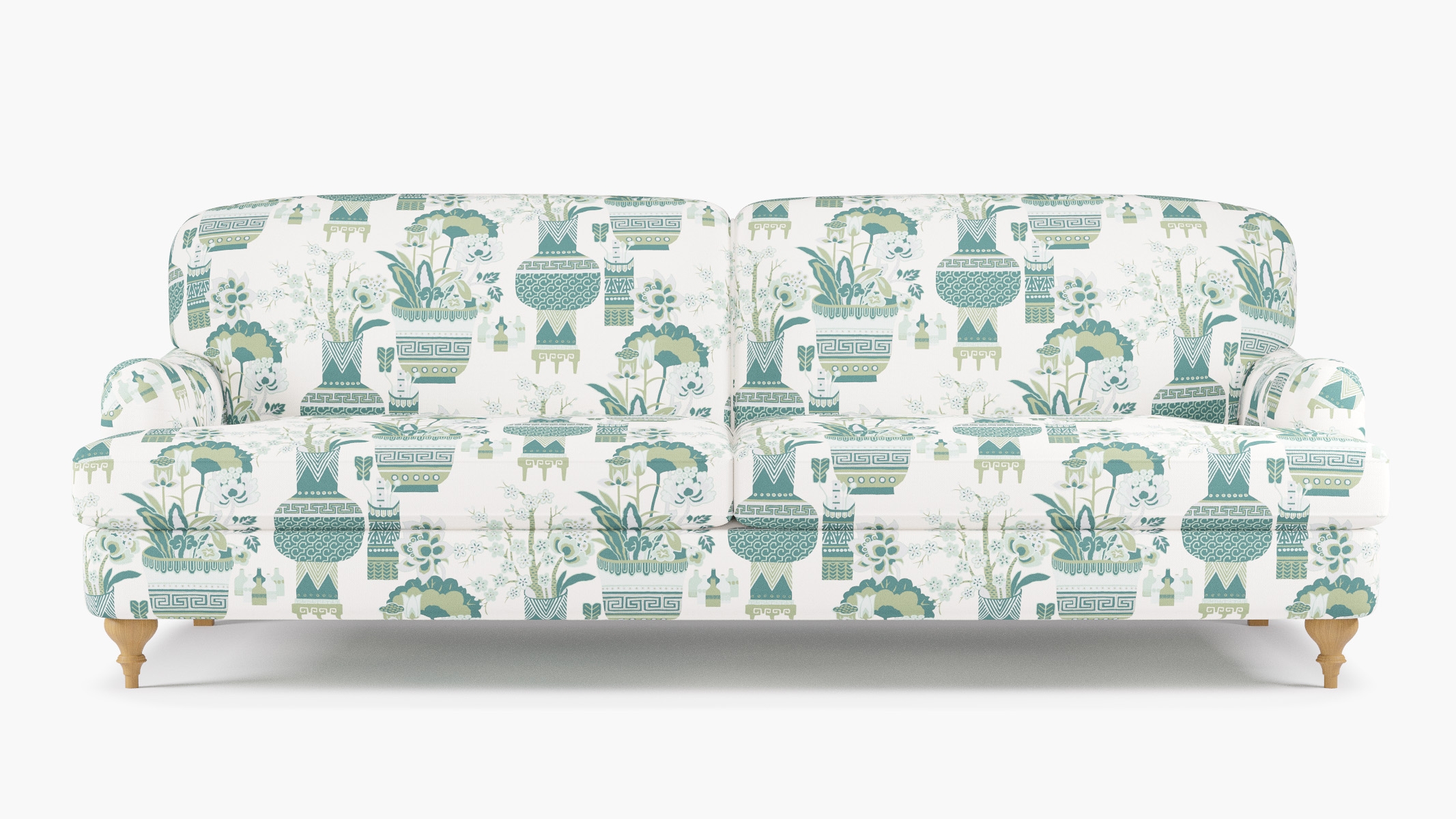 English Roll Arm Sofa, Pistachio Kan-Shie, Natural Turned Wood Leg - Image 0