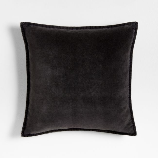 Relaxed Washed Organic Cotton Velvet 20x20 Ink Black Throw Pillow with Down-Alternative Insert - Image 0