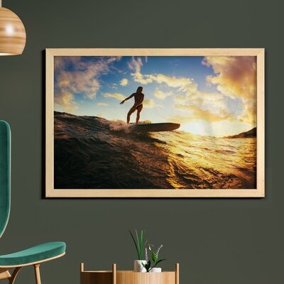 Ambesonne Ride The Wave Wall Art With Frame, Sunset Surf In The Ocean Young Woman Under Dramatic Sky Exotic Hobby Image, Printed Fabric Poster For Bathroom Living Room Dorms, 35" X 23", Sepia Blue - Image 0
