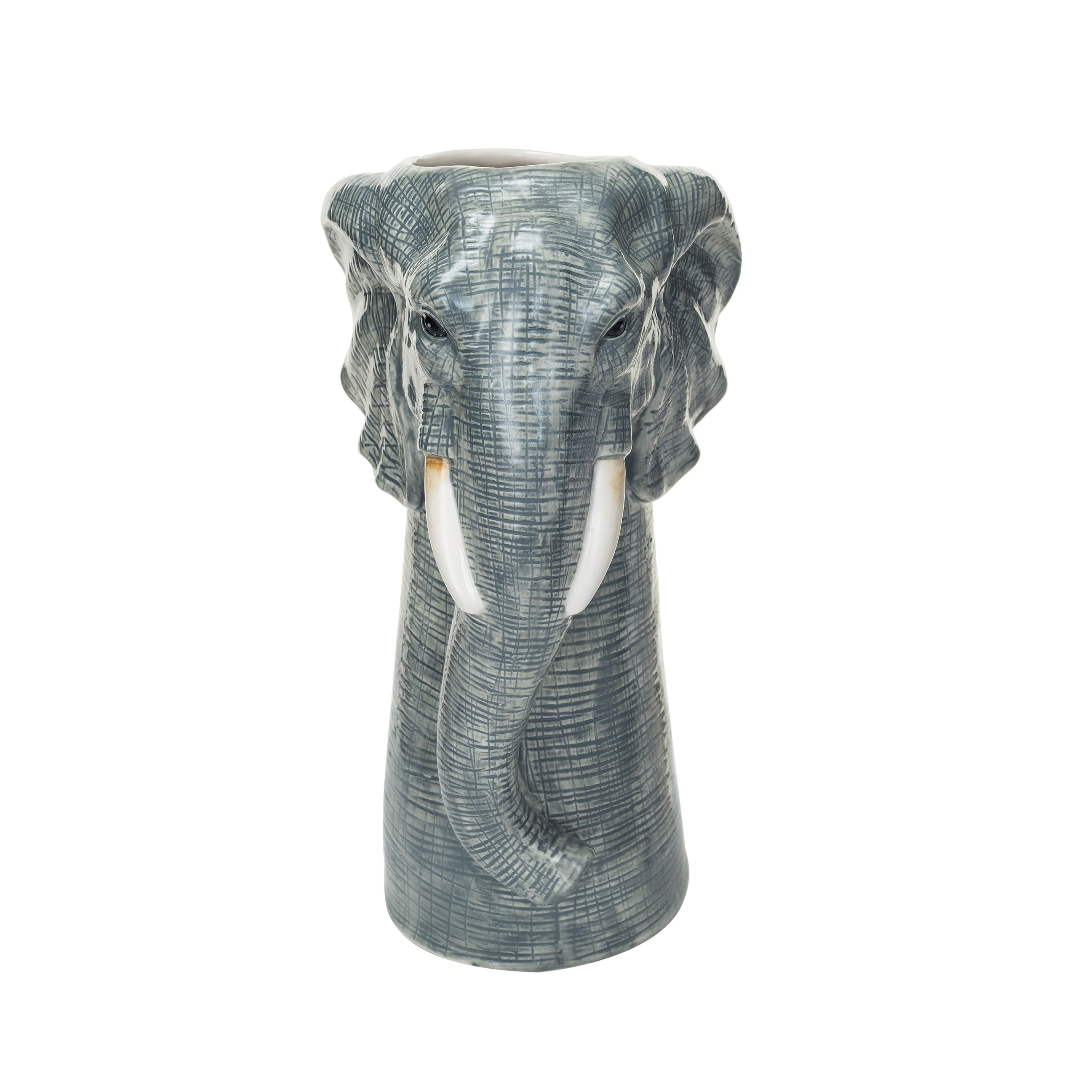 Hand-Painted Decorative Stoneware Elephant Vase, Grey and White - Image 0