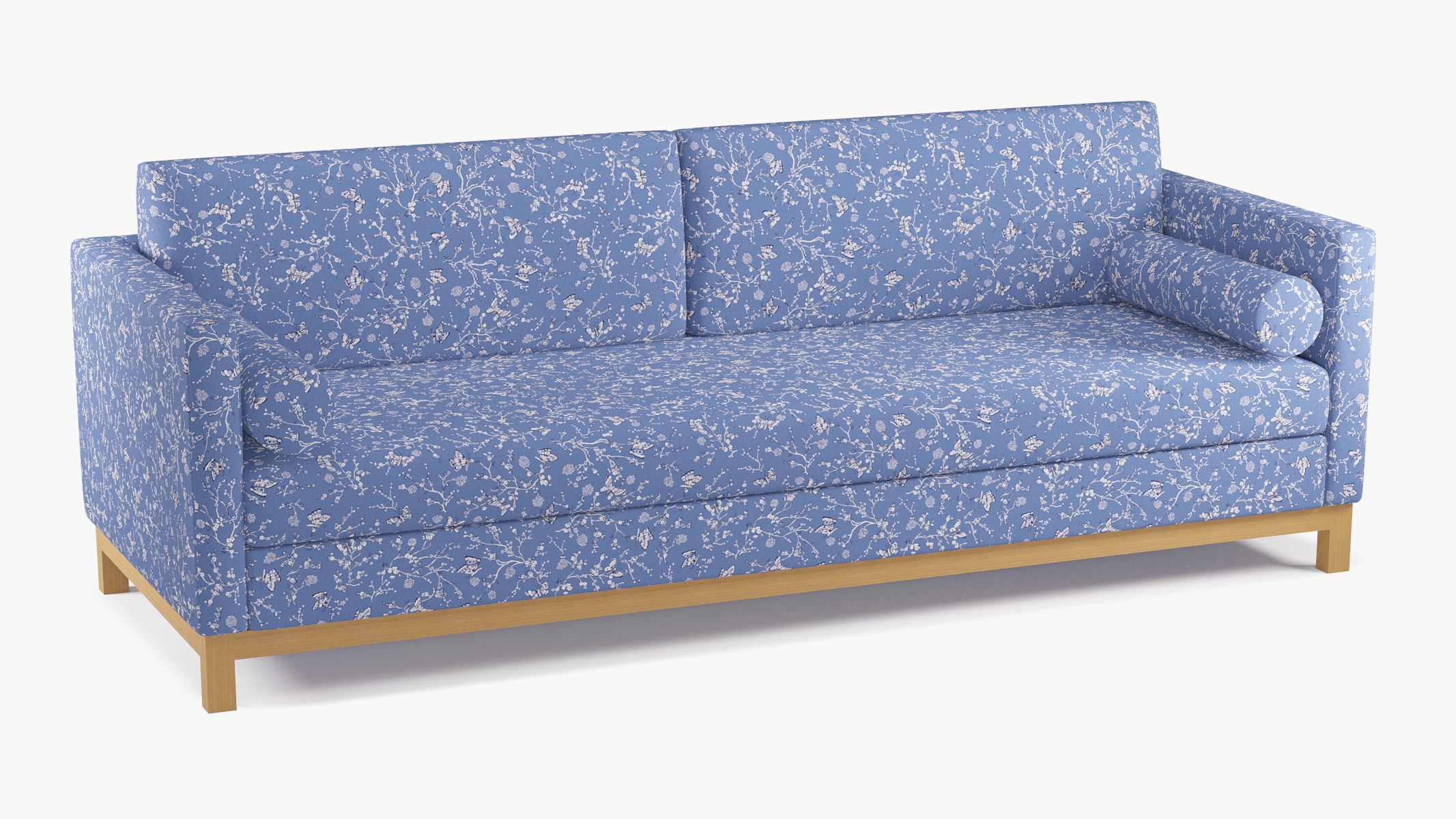 Tailored Tuxedo Sofa, Blue Mariposa, Natural Wood Rail - Image 1