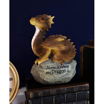 Baby Hatchling Dragon Sitting on 'Home Is Where My Dragon Is' Sign Rock Figurine - Image 0