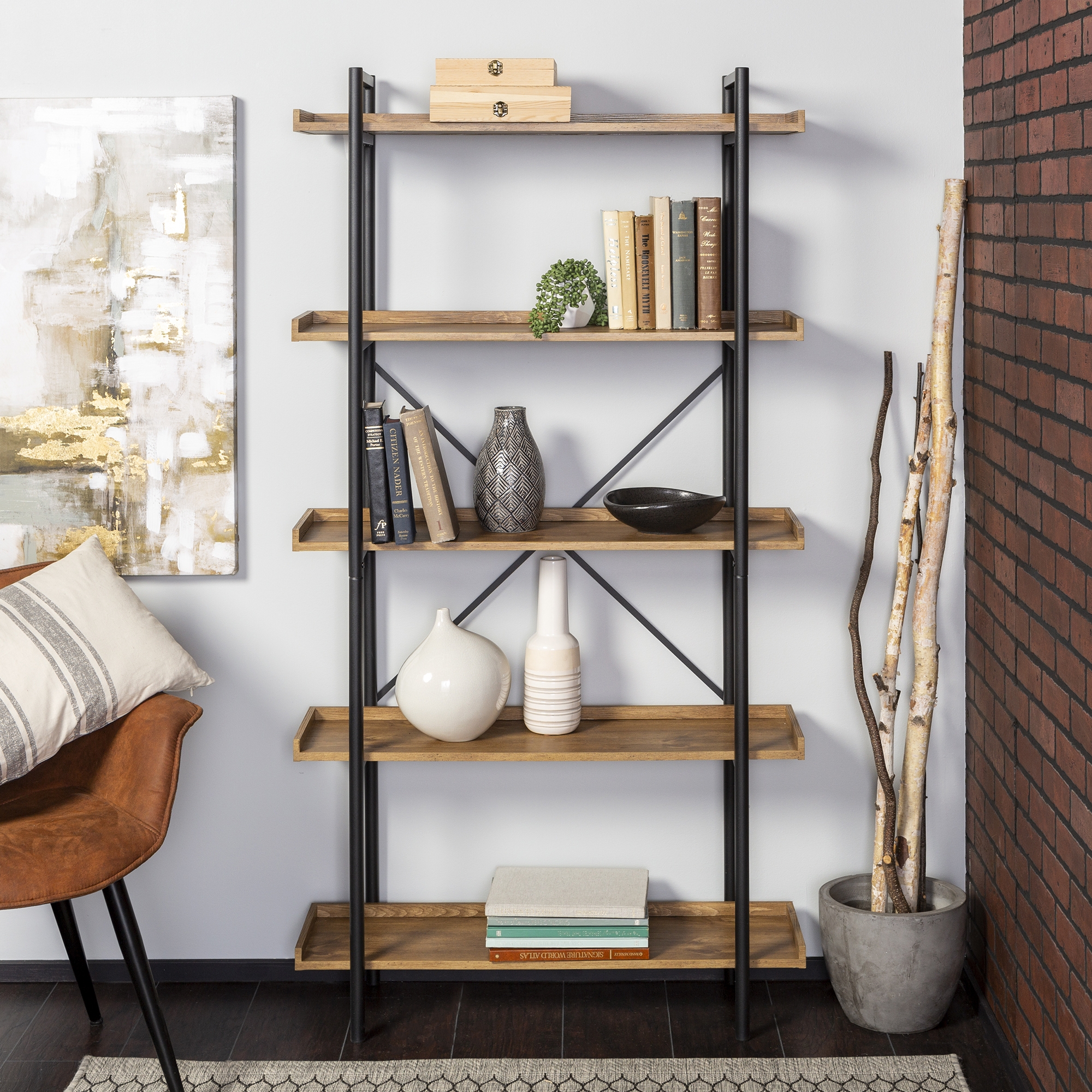Urban Pipe 68" Rustic Industrial 5 Shelf Wood Bookshelf - Barnwood - Image 5