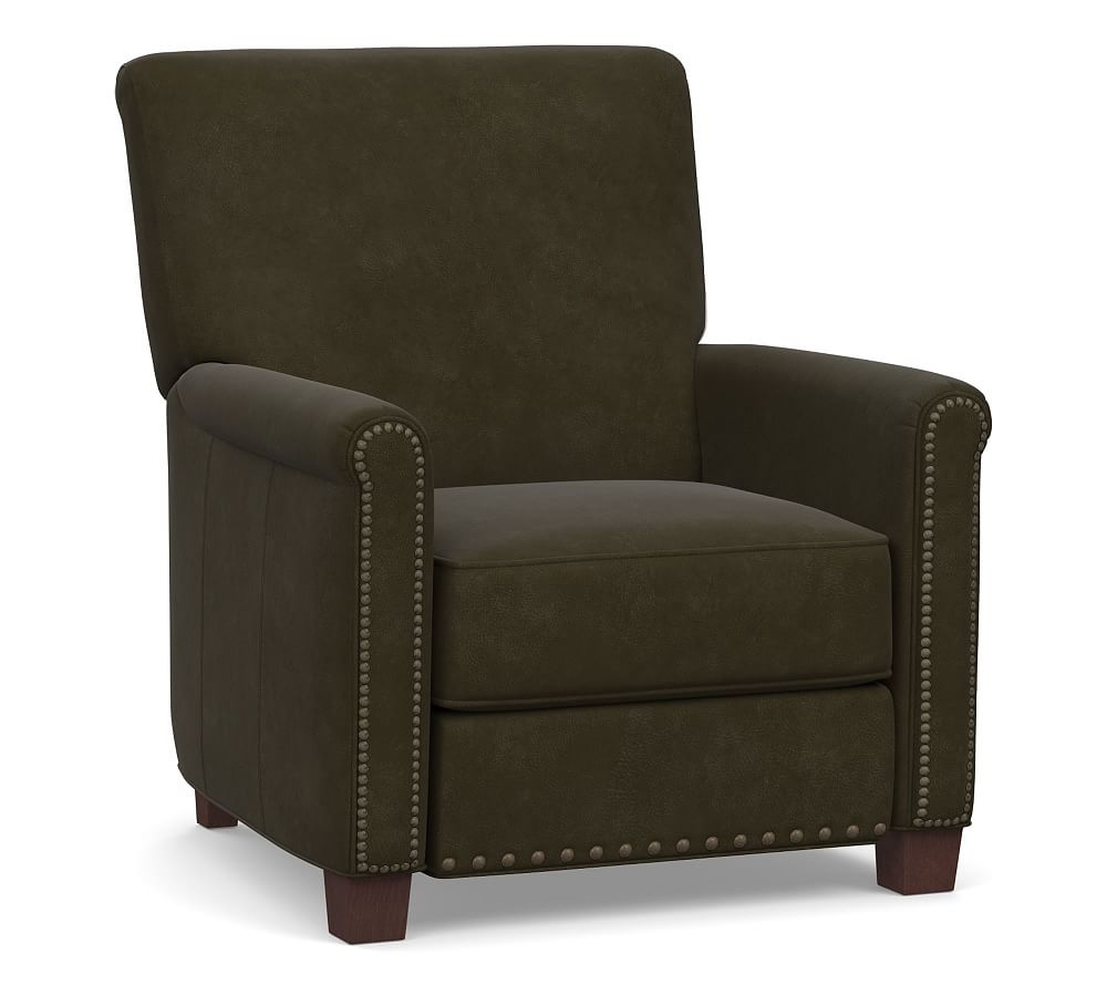 Irving Roll Arm Leather Power Recliner, Bronze Nailheads, Polyester Wrapped Cushions, Aviator Blackwood - Image 0