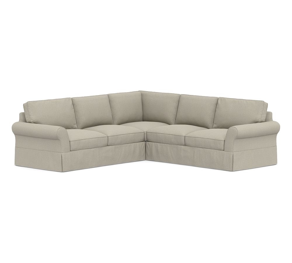 PB Comfort Roll Arm Slipcovered 3-Piece L-Shaped Corner Sectional, Box Edge, Down Blend Wrapped Cushions, Chenille Basketweave Pebble - Image 0