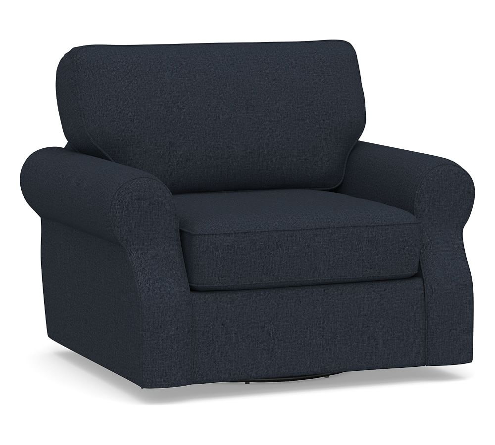 SoMa Fremont Roll Arm Upholstered Swivel Armchair, Polyester Wrapped Cushions, Performance Brushed Basketweave Indigo - Image 0
