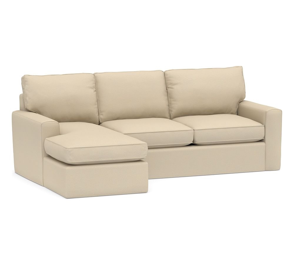 Pearce Square Arm Slipcovered Right Arm Loveseat with Chaise Sectional, Down Blend Wrapped Cushions, Park Weave Oatmeal - Image 0
